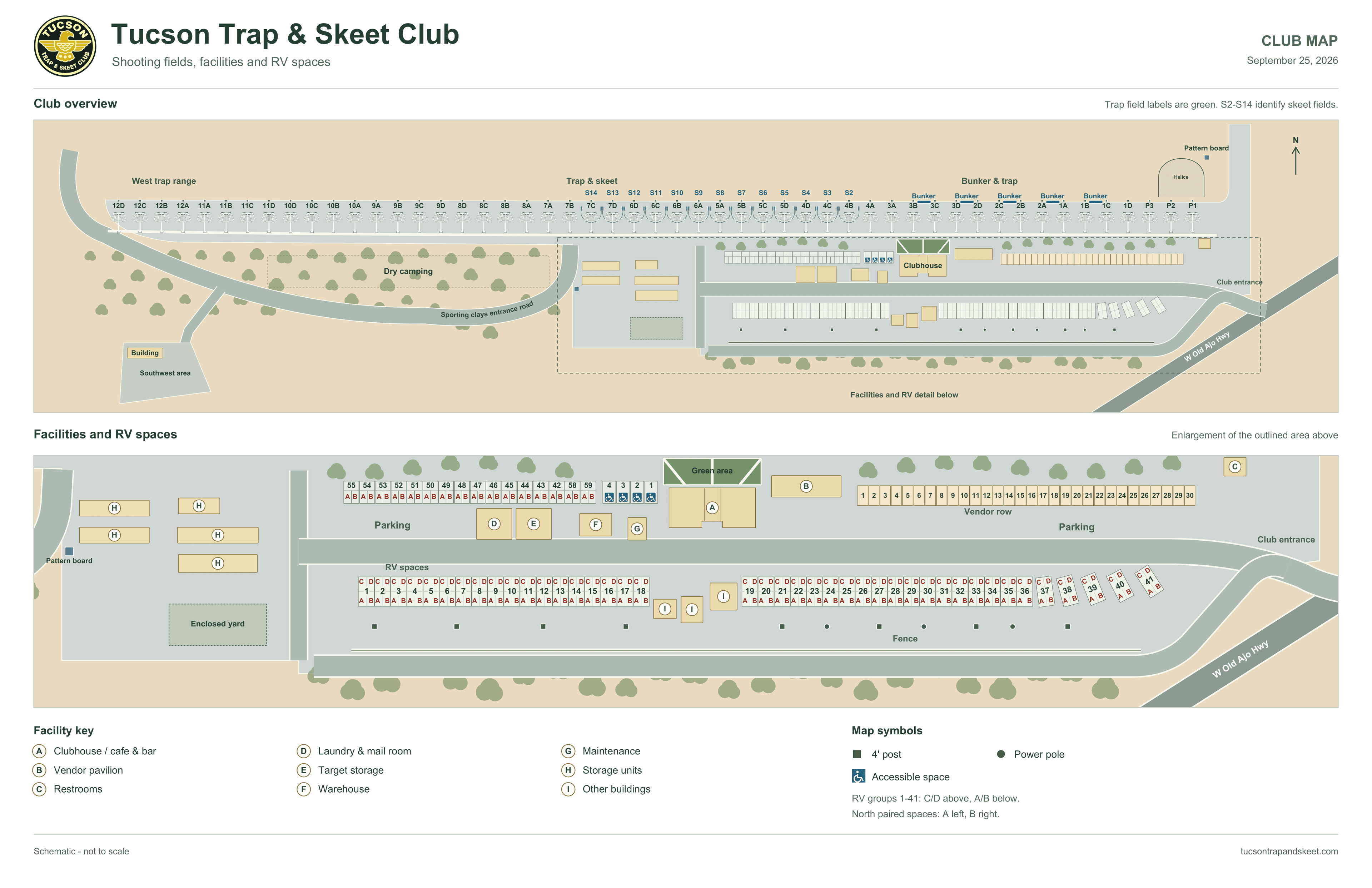 Club map with an overview of the shooting fields and a detailed view of RV spaces, clubhouse, and facilities