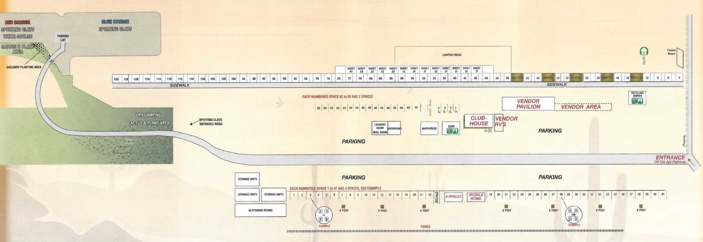Coyote Springs RV park site map showing numbered spaces, Red and Blue sporting clays courses, clubhouse, vendor pavilion, and parking